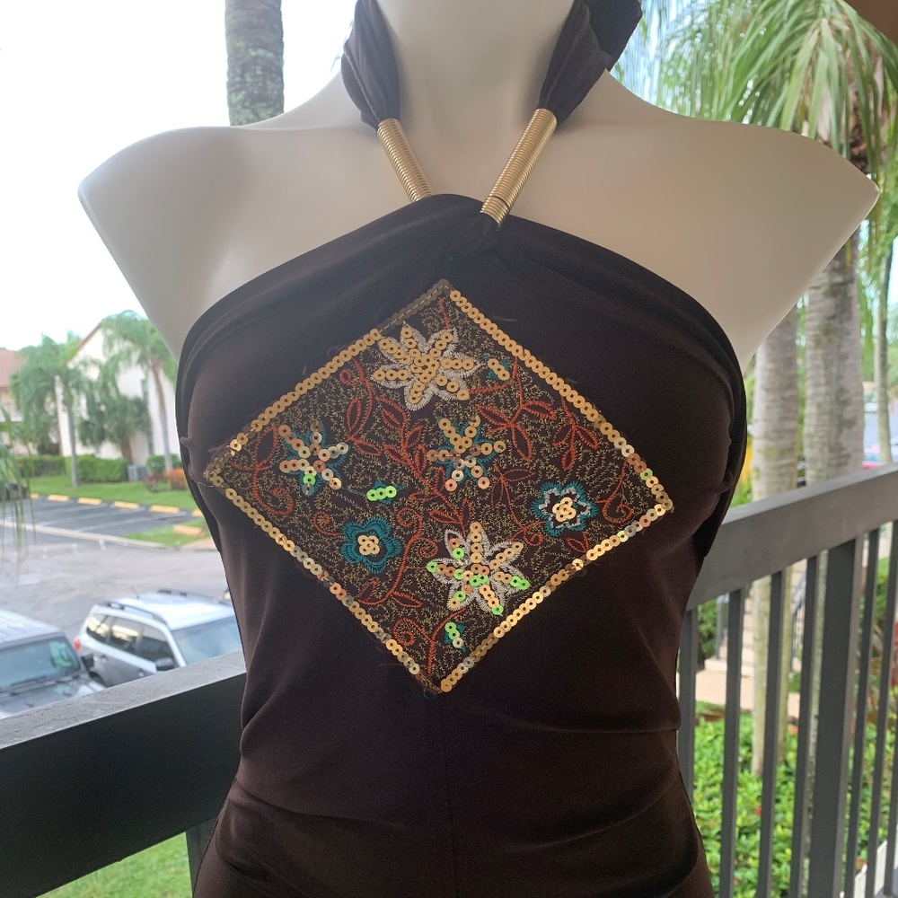 Cleopatra Open Back Brown Top with Gold Details